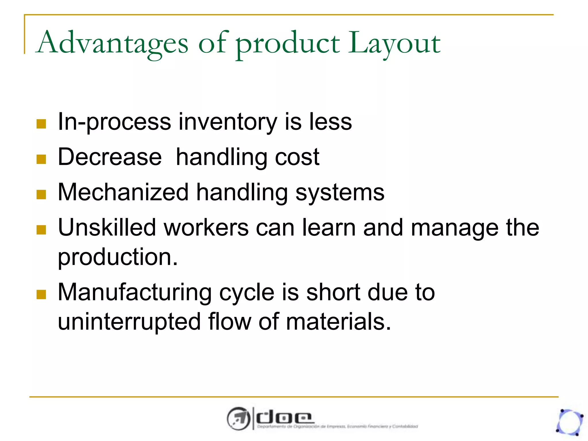 Advantages of product Layout
 In-process inventory is less
 Decrease handling cost
 Mechanized handling systems
 Unskilled workers can learn and manage the
production.
 Manufacturing cycle is short due to
uninterrupted flow of materials.
 