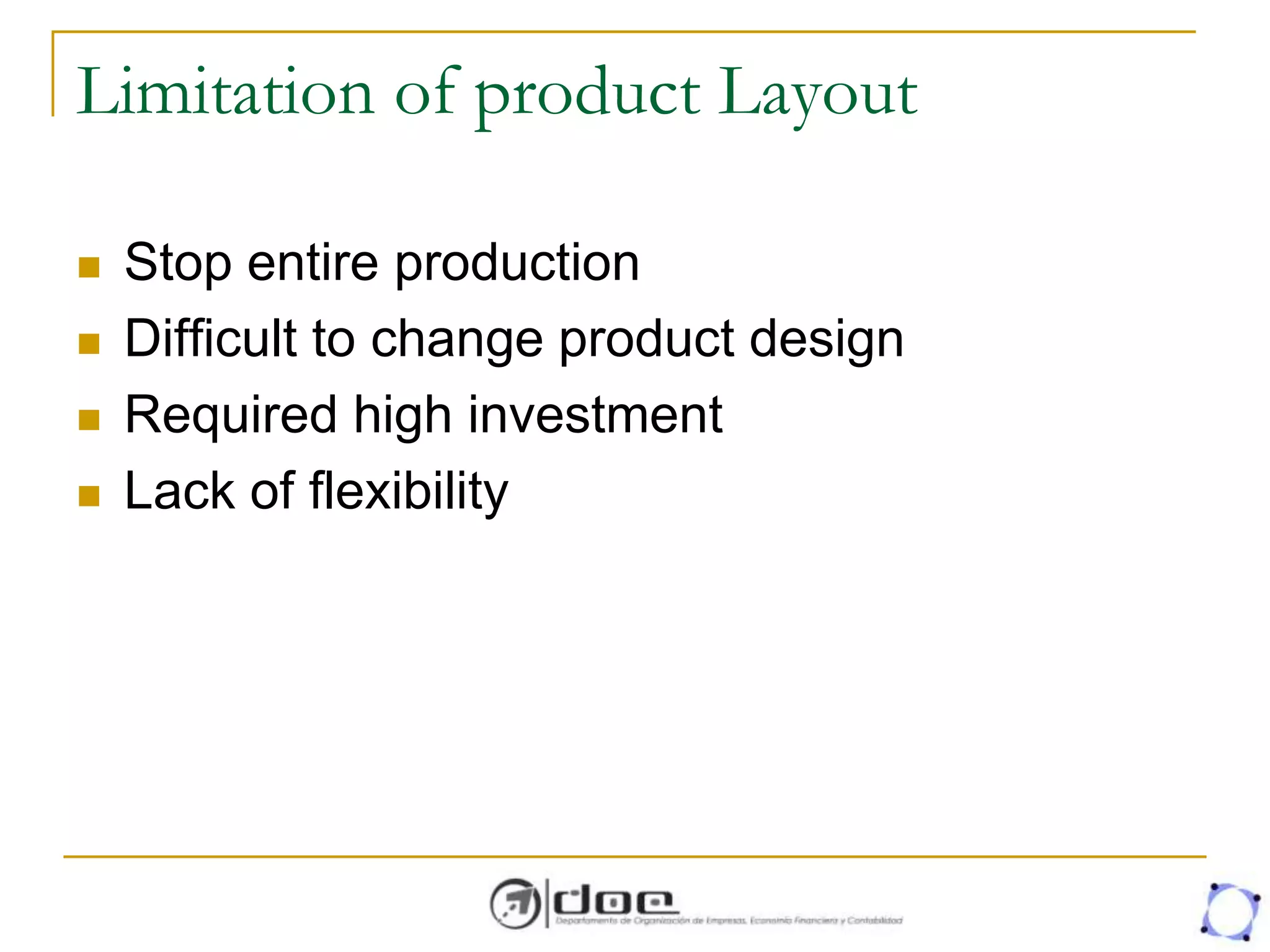 Limitation of product Layout
 Stop entire production
 Difficult to change product design
 Required high investment
 Lack of flexibility
 