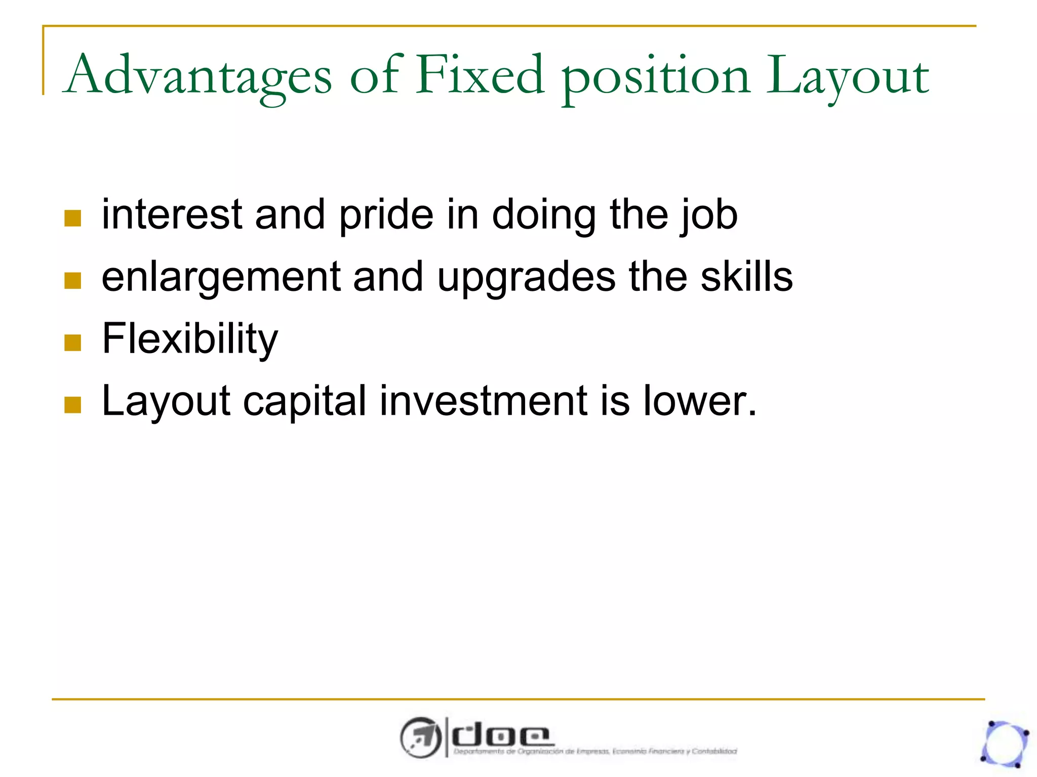 Advantages of Fixed position Layout
 interest and pride in doing the job
 enlargement and upgrades the skills
 Flexibility
 Layout capital investment is lower.
 