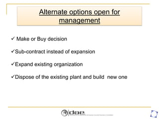 Alternate options open for
management
 Make or Buy decision
Sub-contract instead of expansion
Expand existing organization
Dispose of the existing plant and build new one
 