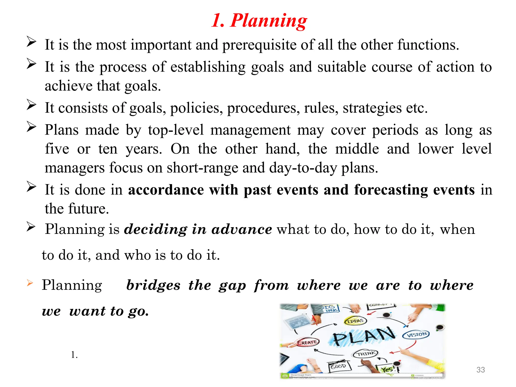 33
1. Planning
 It is the most important and prerequisite of all the other functions.
 It is the process of establishing goals and suitable course of action to
achieve that goals.
 It consists of goals, policies, procedures, rules, strategies etc.
 Plans made by top-level management may cover periods as long as
five or ten years. On the other hand, the middle and lower level
managers focus on short-range and day-to-day plans.
 It is done in accordance with past events and forecasting events in
the future.
 Planning is deciding in advance what to do, how to do it, when
to do it, and who is to do it.
 Planning bridges the gap from where we are to where
we want to go.
1.
 
