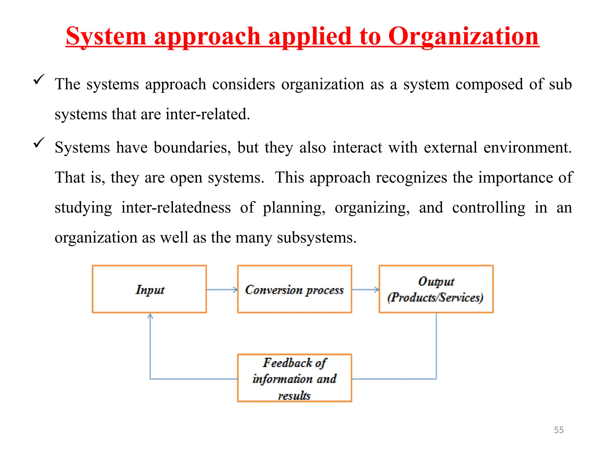 55
System approach applied to Organization
 The systems approach considers organization as a system composed of sub
systems that are inter-related.
 Systems have boundaries, but they also interact with external environment.
That is, they are open systems. This approach recognizes the importance of
studying inter-relatedness of planning, organizing, and controlling in an
organization as well as the many subsystems.
 