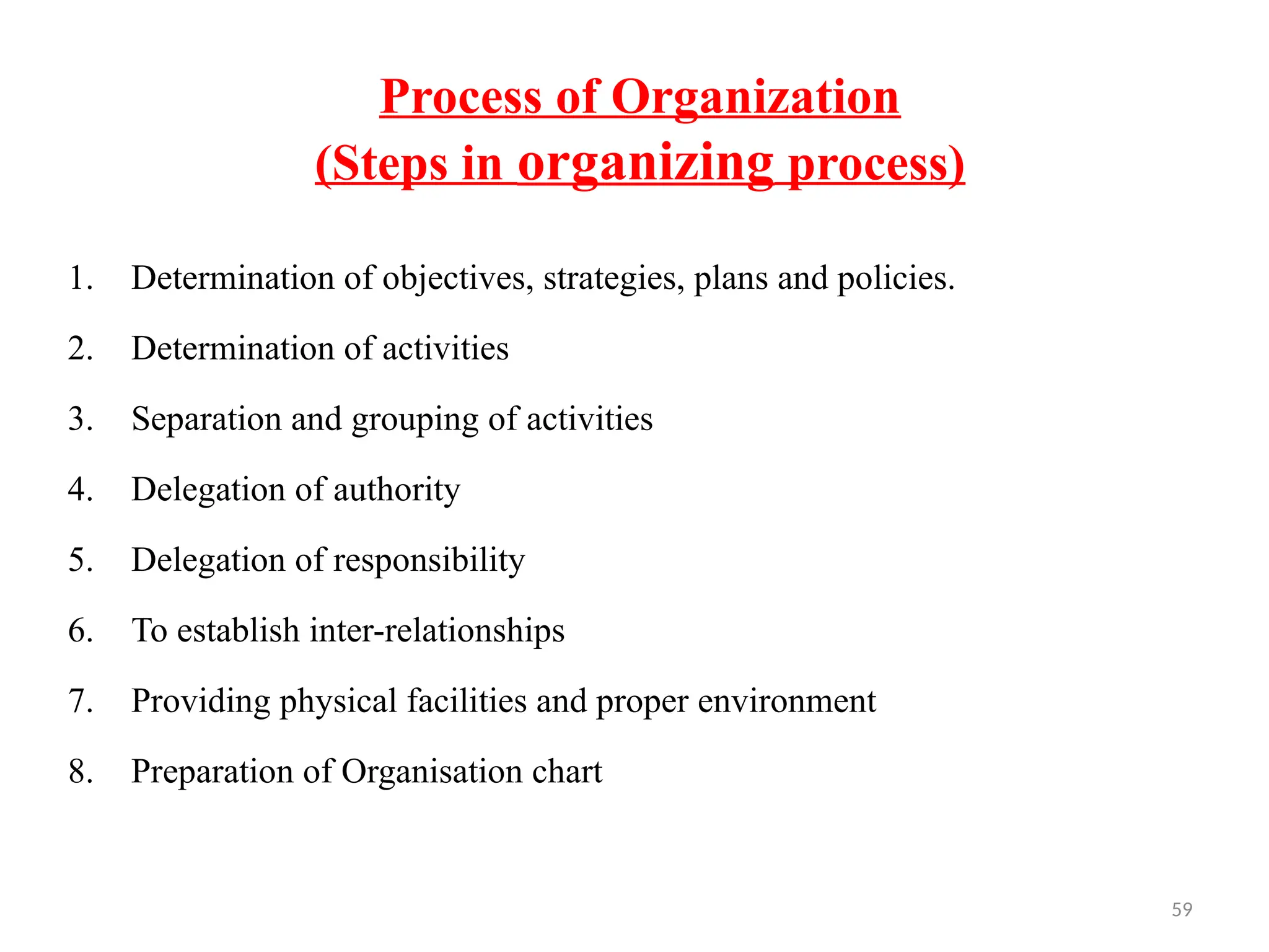 59
Process of Organization
(Steps in organizing process)
1. Determination of objectives, strategies, plans and policies.
2. Determination of activities
3. Separation and grouping of activities
4. Delegation of authority
5. Delegation of responsibility
6. To establish inter-relationships
7. Providing physical facilities and proper environment
8. Preparation of Organisation chart
 