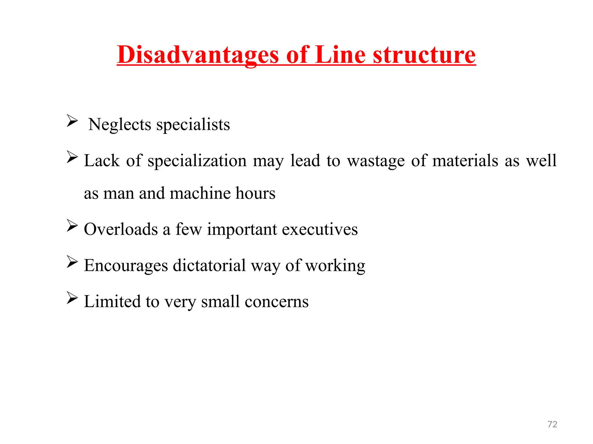 72
Disadvantages of Line structure
 Neglects specialists
 Lack of specialization may lead to wastage of materials as well
as man and machine hours
 Overloads a few important executives
 Encourages dictatorial way of working
 Limited to very small concerns
 