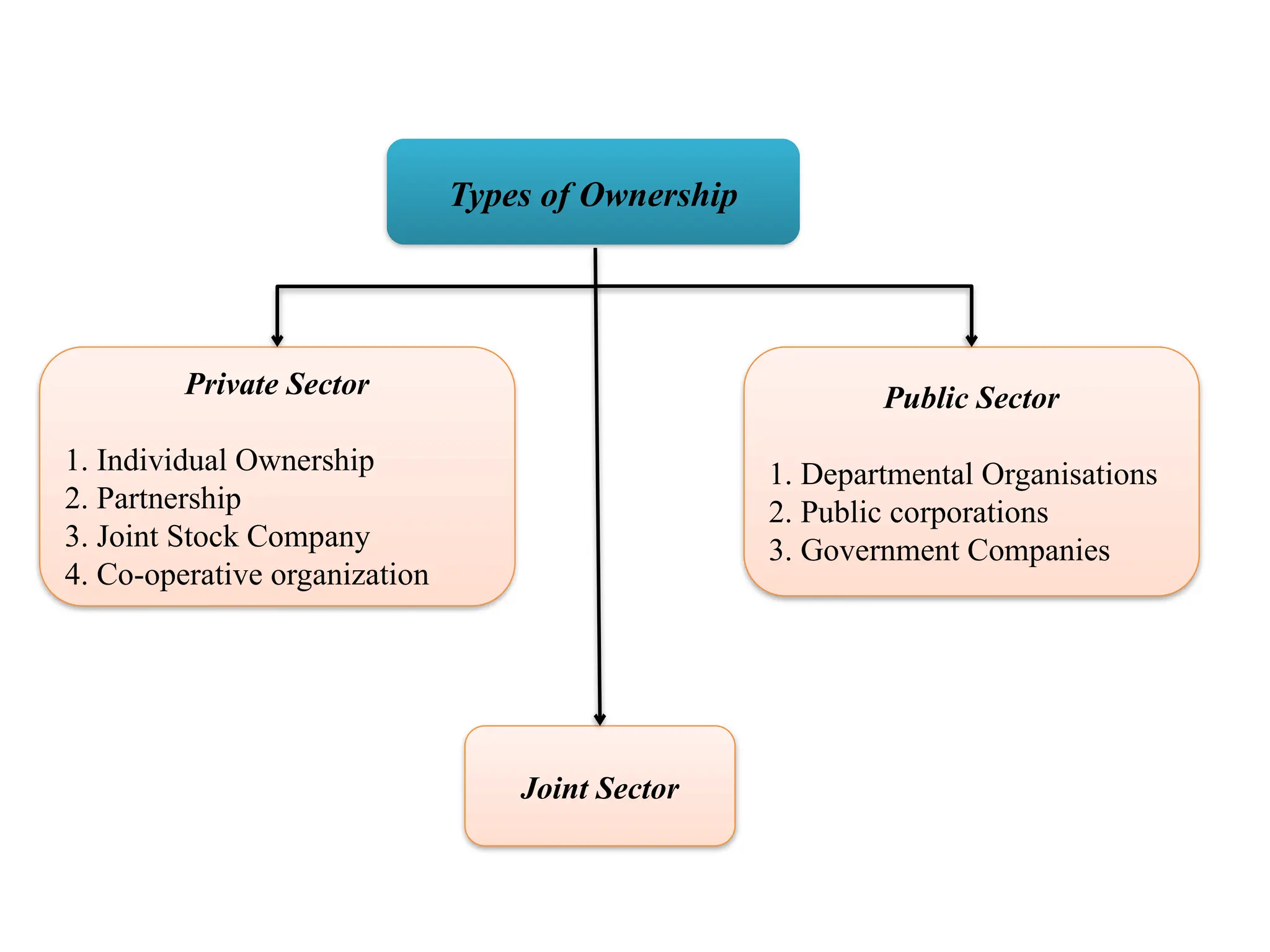 Types of Ownership
Private Sector
1. Individual Ownership
2. Partnership
3. Joint Stock Company
4. Co-operative organization
Public Sector
1. Departmental Organisations
2. Public corporations
3. Government Companies
Joint Sector
 