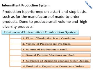 Intermittent Production System
Production is performed on a start-and-stop basis,
such as for the manufacture of made-to-order
products. Done to produce small volume and high
diversity products.
 