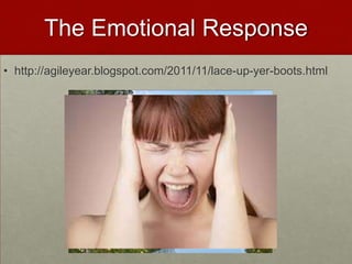 The Emotional Response
• http://agileyear.blogspot.com/2011/11/lace-up-yer-boots.html
 
