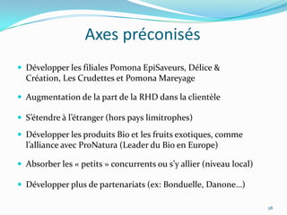 Axes préconisés
 Développer les filiales Pomona EpiSaveurs, Délice &
  Création, Les Crudettes et Pomona Mareyage

 Augmentation de la part de la RHD dans la clientèle

 S’étendre { l’étranger (hors pays limitrophes)

 Développer les produits Bio et les fruits exotiques, comme
  l’alliance avec ProNatura (Leader du Bio en Europe)

 Absorber les « petits » concurrents ou s’y allier (niveau local)

 Développer plus de partenariats (ex: Bonduelle, Danone…)

                                                                     28
 