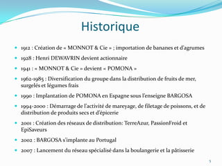 Historique
 1912 : Création de « MONNOT & Cie » ; importation de bananes et d’agrumes
 1928 : Henri DEWAVRIN devient actionnaire
 1941 : « MONNOT & Cie » devient « POMONA »
 1962-1985 : Diversification du groupe dans la distribution de fruits de mer,
  surgelés et légumes frais
 1990 : Implantation de POMONA en Espagne sous l’enseigne BARGOSA
 1994-2000 : Démarrage de l’activité de mareyage, de filetage de poissons, et de
  distribution de produits secs et d’épicerie
 2001 : Création des réseaux de distribution: TerreAzur, PassionFroid et
  EpiSaveurs
 2002 : BARGOSA s’implante au Portugal
 2007 : Lancement du réseau spécialisé dans la boulangerie et la pâtisserie
                                                                                    5
 