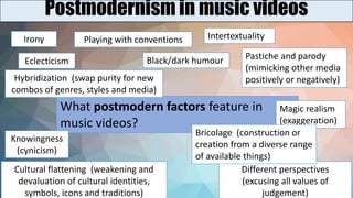 Postmodernism in music videos
What postmodern factors feature in
music videos?
Irony Playing with conventions
Black/dark humour
Intertextuality
Pastiche and parody
(mimicking other media
positively or negatively)
Magic realism
(exaggeration)
Different perspectives
(excusing all values of
judgement)
Bricolage (construction or
creation from a diverse range
of available things)
Cultural flattening (weakening and
devaluation of cultural identities,
symbols, icons and traditions)
Knowingness
(cynicism)
Hybridization (swap purity for new
combos of genres, styles and media)
Eclecticism
 