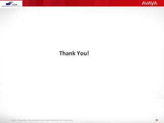 20
Avaya – Proprietary. Use pursuant to your signed agreement or Avaya policy. 2
0
Thank You!
 