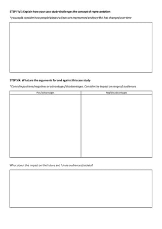 STEP FIVE: Explain how your case study challenges the concept ofrepresentation
*you could considerhowpeople/places/objectsarerepresented and how thishaschanged overtime
STEP SIX: What are the arguments for and against thiscase study
*Considerpositives/negativesoradvantages/disadvantages.Considertheimpacton rangeof audiences
Pos/advantages Neg/disadvantages
What aboutthe impacton the future andfuture audiences/society?
 