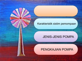Karakteristik sistim pemompaan
JENIS-JENIS POMPA
PENGKAJIAN POMPA
 
