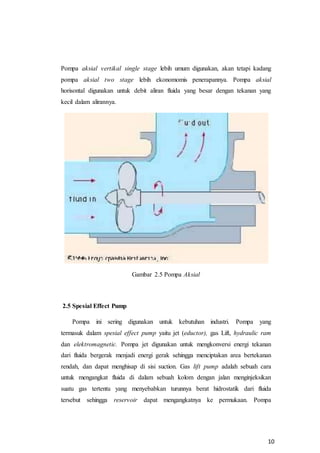 10
Pompa aksial vertikal single stage lebih umum digunakan, akan tetapi kadang
pompa aksial two stage lebih ekonomomis penerapannya. Pompa aksial
horisontal digunakan untuk debit aliran fluida yang besar dengan tekanan yang
kecil dalam alirannya.
Gambar 2.5 Pompa Aksial
2.5 Spesial Effect Pump
Pompa ini sering digunakan untuk kebutuhan industri. Pompa yang
termasuk dalam spesial effect pump yaitu jet (eductor), gas Lift, hydraulic ram
dan elektromagnetic. Pompa jet digunakan untuk mengkonversi energi tekanan
dari fluida bergerak menjadi energi gerak sehingga menciptakan area bertekanan
rendah, dan dapat menghisap di sisi suction. Gas lift pump adalah sebuah cara
untuk mengangkat fluida di dalam sebuah kolom dengan jalan menginjeksikan
suatu gas tertentu yang menyebabkan turunnya berat hidrostatik dari fluida
tersebut sehingga reservoir dapat mengangkatnya ke permukaan. Pompa
 