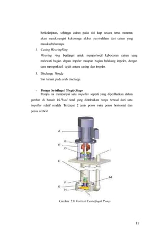 11
berkelanjutan, sehingga cairan pada sisi isap secara terus menerus
akan masukmengisi kekosonga akibat perpindahan dari cairan yang
masuksebelumnya.
I. Casing WearingRing
Wearing ring berfungsi untuk memperkecil kebocoran cairan yang
melewati bagian depan impeler maupun bagian belakang impeler, dengan
cara memperkecil celah antara casing dan impeler.
J. Discharge Nozzle
Sisi keluar pada arah discharge.
- Pompa Setrifugal Single Stage
Pompa ini mempunyai satu impeller seperti yang diperlihatkan dalam
gambar di bawah ini.Head total yang ditimbulkan hanya berasal dari satu
impeller relatif rendah. Terdapat 2 jenis poros yaitu poros horisontal dan
poros vertical.
Gambar 2.8 Vertical Centrifugal Pump
 