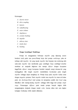 12
Keterangan:
A. electric motor
B. drive coupling
C. lantern
D. radialbearing
E. outer column
F. shaftsleeve
G. ceramic bushing
H. impeller
I. delivery duct
J. intake duct
K. bushing
- Pompa Sentrifugal MultiStage
Pompa ini menggunakan beberapa impeller yang dipasang secara
berderet (seri) pada satu poros.Prinsip kerja dari pompa multistage yaitu air
terhisap oleh impeller. Air yang masuk impeller ikut berputar dan terdorong oleh
sudu-sudu impeller dan membentuk gaya sentrifugal. Gaya sentrifugal tersebut
membuat air menjauhi lingkaran dan menuju difuser dengan kecepatan
tinggi.Pada difuser energi kecepatan berubah menjadi energi tekanan.Air yang
meninggalkan titik tengah impeller menimbulkan kevakuman pada tengah
impeller sehingga dapat menghisap air. Prinsip kerja pada impeller kedua sama
dengan imppeler pertama. Pada impeller terakir atau impeller ke enam air keluar
pada sisi discharge.Head total pompa ini merupakan jumlah dari head yang
dihasilkan oleh masing-masing impeller sehingga lebih tinggi dari pompa single
stage. Pemasangan diffuser pada rumah pompa banyak tingkat lebih
menguntungkan daripada dengan rumah volut, karena aliran dari satu tingkat
ketingkat berikutnya lebih mudah dilakukan.
 