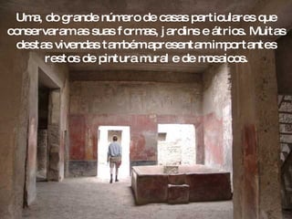 Uma, do grande número de casas particulares que conservaram as suas formas, jardins e átrios. Muitas destas vivendas também apresentam importantes restos de pintura mural e de mosaicos. 