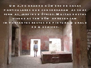 Uma, do grande número de casas particulares que conservaram as suas formas, jardins e átrios. Muitas destas vivendas também apresentam importantes restos de pintura mural e de mosaicos. 