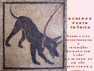 A CASA DO  POETA  TRÁGICO Sobre o piso encontrava-se a inscrição: “ Cuidado com o cão” e a imagem de um cão  preso por uma correia . 