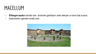 MACELLUM
- Elikagai-azoka handia zen, arrainak garbitzen ziren lekuan ur-iturri bat zuena.
- Inperioaren garaian eraiki zen.
 