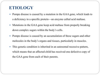 ETIOLOGY
 Pompe disease is caused by a mutation in the GAA gene, which leads to
a deficiency in a specific protein—an enzyme called acid maltase.
 Mutations in the GAA gene keep acid maltase from properly breaking
down complex sugars within the body’s cells.
 Pompe disease is caused by an accumulation of these sugars and other
molecules in the body’s organs and tissues, particularly in muscles.
 This genetic condition is inherited in an autosomal recessive pattern,
which means that an affected child has received one defective copy of
the GAA gene from each of their parents.
 