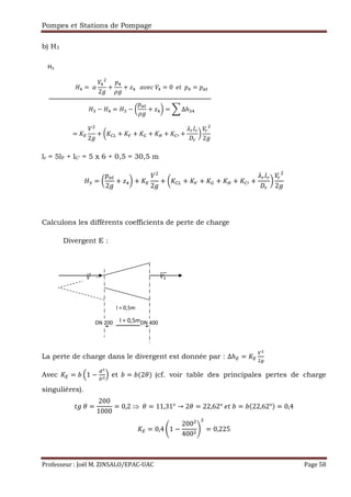 Pompes et Stations de Pompage
Professeur : Joël M. ZINSALO/EPAC-UAC Page 58
b) H3
lr = 5lF + lC’ = 5 x 6 + 0,5 = 30,5 m
2 = W
Ž Q
2
+ §zX + S°
2
+ WS«± + S² + S³ + S´ + S«µ +
s •
X
2
Calculons les différents coefficients de perte de charge
Divergent E :
La perte de charge dans le divergent est donnée par : ∆ℎ° = S°
²
Avec S° = ¶ ·1 −
˜
¬
¸ et ¶ = ¶(2d) (cf. voir table des principales pertes de charge
singulières).
R 	d =
200
1000
= 0,2	⇒		d = 11,31° → 2d = 22,62°	 R	¶ = ¶ 22,62°$ = 0,4
S° = 0,4 1 −
200
400
c = 0,225
z = 	q
z
2
+
Žz
+ §z			t r	 z = 0		 R		Žz = Ž Q
2 − z = 2 − W
Ž Q
+ §zX = ¨ ∆ℎ2z
= S°
2
+ WS«± + S² + S³ + S´ + S«µ +
s •
X
2
H3
¹º ,
¹¹¹º
l = 0,5mDN 400DN 200
l = 0,5m
 