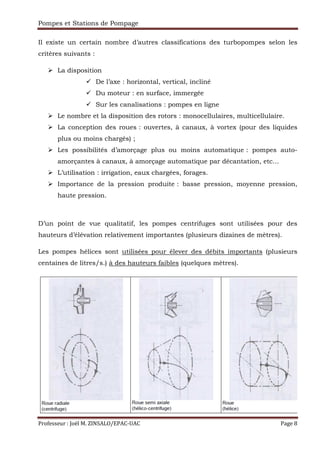 Pompes et Stations de Pompage
Professeur : Joël M. ZINSALO/EPAC-UAC Page 8
Il existe un certain nombre d’autres classifications des turbopompes selon les
critères suivants :
La disposition
De l’axe : horizontal, vertical, incliné
Du moteur : en surface, immergée
Sur les canalisations : pompes en ligne
Le nombre et la disposition des rotors : monocellulaires, multicellulaire.
La conception des roues : ouvertes, à canaux, à vortex (pour des liquides
plus ou moins chargés) ;
Les possibilités d’amorçage plus ou moins automatique : pompes auto-
amorçantes à canaux, à amorçage automatique par décantation, etc…
L’utilisation : irrigation, eaux chargées, forages.
Importance de la pression produite : basse pression, moyenne pression,
haute pression.
D’un point de vue qualitatif, les pompes centrifuges sont utilisées pour des
hauteurs d’élévation relativement importantes (plusieurs dizaines de mètres).
Les pompes hélices sont utilisées pour élever des débits importants (plusieurs
centaines de litres/s.) à des hauteurs faibles (quelques mètres).
 