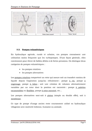 Pompes et Stations de Pompage
Professeur : Joël M. ZINSALO/EPAC-UAC Page 9
3.2. Pompes volumétriques
En hydraulique agricole, rurale et urbaine, ces pompes connaissent une
utilisation moins fréquente que les turbopompes. D’une façon générale, elles
conviennent pour élever de faibles débits à de fortes pressions. On distingue deux
catégories de pompes volumétriques :
• les pompes rotatives
• les pompes alternatives
Les pompes rotatives comportent un rotor qui assure soit un transfert continu de
liquide depuis l’aspiration jusqu’au refoulement : pompe à vis, pompe à
engrenage, pompe à lobes ; soit une création de volumes alternativement
variables par un rotor dont la position est excentrée : pompe à palettes
escamotables ou flexibles, pompe à rotor excentré, etc…
Les pompes alternatives sont soit à piston (simple ou double effet), soit à
membrane.
Ce type de pompe d’usage ancien reste couramment utilisé en hydraulique
villageoise avec motricité éolienne, humaine ou animale.
 