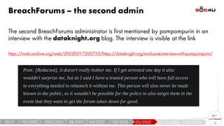 BreachForums – the second admin
The second BreachForums administrator is first mentioned by pompompurin in an
interview with the dataknight.org blog. The interview is visible at the link
https://web.archive.org/web/20220317205735/https://dataknight.org/exclusive-interview-with-pompompurin/
10
05/2023
01,03/2023
03/2022
05/2022
04/2022
08/2021
2020,2021
03/2022
2015
 