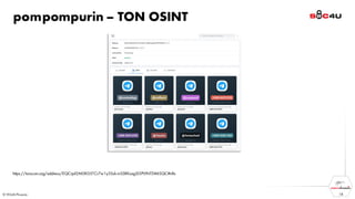 pompompurin – TON OSINT
18
https://tonscan.org/address/EQCrprl2M0K05TCr7w1y3Ssk-ivSSRKsag5l3PVINTDtMSQC#nfts
 