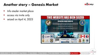05/2022
04/2023
Another story – Genesis Market
▪ Info stealer market place
▪ access via invite only
▪ seized on April 4, 2023
24
05/2023
01,03/2023
03/2022
05/2022
04/2022
08/2021
2020,2021
 
