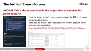 The birth of BreachForums
SPOILER This is the second step in the acquisition of enemies for
pompompurin
7
How the forum started: pompompurin tagged the FBI in his tweet
announcing the forum.
Here are all tweets from pompompurin Twitter account "@xml"
archived and searchable:
https://intelx.io/?did=8630eb0d-be98-4ec5-902a-f1e107baeccc
05/2023
01,03/2023
03/2022
05/2022
04/2022
08/2021
2020,2021
03/2022
2015
 