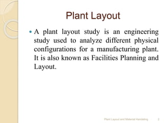 Plant Layout
 A plant layout study is an engineering
study used to analyze different physical
configurations for a manufacturing plant.
It is also known as Facilities Planning and
Layout.
Plant Layout and Material Handeling 2
 