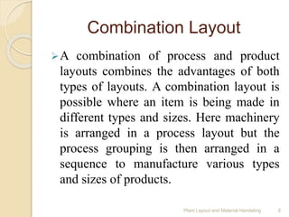 Combination Layout
A combination of process and product
layouts combines the advantages of both
types of layouts. A combination layout is
possible where an item is being made in
different types and sizes. Here machinery
is arranged in a process layout but the
process grouping is then arranged in a
sequence to manufacture various types
and sizes of products.
Plant Layout and Material Handeling 6
 