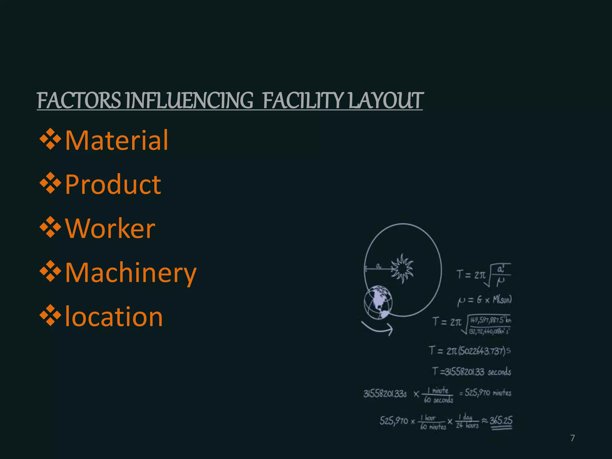 FACTORS INFLUENCING FACILITY LAYOUT
Material
Product
Worker
Machinery
location
7
 