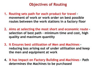 Objectives of Routing
1. Routing sets path for each product for travel –
movement of work or work order on best possible
routes between the work stations in a factory floor
2. Aims at selecting the most short and economic route –
selection of best path – minimum time and cost, high
quality and maximum quantity
3. It Ensures best utilization of Men and Machines –
reducing loss arising out of under utilisation and keep
the men and equipment at work
4. It has impact on Factory Building and Machines – Path
determines the Machines to be purchased
 