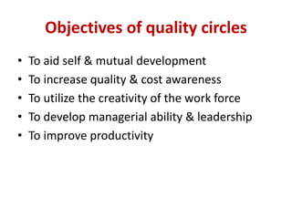 Objectives of quality circles
• To aid self & mutual development
• To increase quality & cost awareness
• To utilize the creativity of the work force
• To develop managerial ability & leadership
• To improve productivity
 