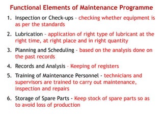 Functional Elements of Maintenance Programme
1. Inspection or Check-ups – checking whether equipment is
as per the standards
2. Lubrication – application of right type of lubricant at the
right time, at right place and in right quantity
3. Planning and Scheduling – based on the analysis done on
the past records
4. Records and Analysis – Keeping of registers
5. Training of Maintenance Personnel - technicians and
supervisors are trained to carry out maintenance,
inspection and repairs
6. Storage of Spare Parts - Keep stock of spare parts so as
to avoid loss of production
 