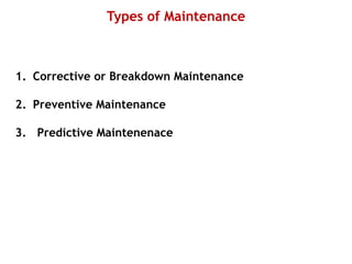 Types of Maintenance
1. Corrective or Breakdown Maintenance
2. Preventive Maintenance
3. Predictive Maintenenace
 