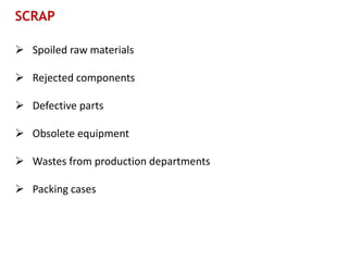 SCRAP
➢ Spoiled raw materials
➢ Rejected components
➢ Defective parts
➢ Obsolete equipment
➢ Wastes from production departments
➢ Packing cases
 