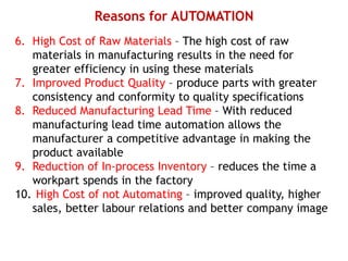 Reasons for AUTOMATION
6. High Cost of Raw Materials – The high cost of raw
materials in manufacturing results in the need for
greater efficiency in using these materials
7. Improved Product Quality – produce parts with greater
consistency and conformity to quality specifications
8. Reduced Manufacturing Lead Time – With reduced
manufacturing lead time automation allows the
manufacturer a competitive advantage in making the
product available
9. Reduction of In-process Inventory – reduces the time a
workpart spends in the factory
10. High Cost of not Automating – improved quality, higher
sales, better labour relations and better company image
 