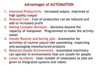 Advantages of AUTOMATION
1. Improved Productivity – Increased output, improved or
high quality output
2. Reduced Cost – Cost of production can be reduced and
add to increased profit
3. Making Complex decisions – decisions beyond the
capacity of manpower. Programmed to make the activity
easier
4. Handle Routine and boring jobs – Automation for
activities of routine nature like assembling, inspecting
and packaging manufactured products
5. Reduced Unsafe Environments – Automated machinery
can operate in environments that are unsafe for people
6. Lesser Accidents – least number of employees as jobs are
given to integrated systems and robots
 