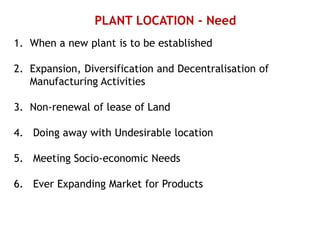 PLANT LOCATION - Need
1. When a new plant is to be established
2. Expansion, Diversification and Decentralisation of
Manufacturing Activities
3. Non-renewal of lease of Land
4. Doing away with Undesirable location
5. Meeting Socio-economic Needs
6. Ever Expanding Market for Products
 