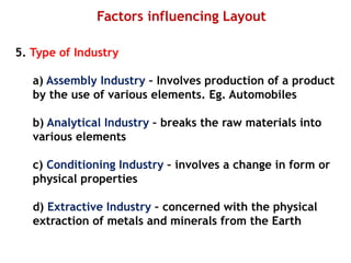 Factors influencing Layout
5. Type of Industry
a) Assembly Industry – Involves production of a product
by the use of various elements. Eg. Automobiles
b) Analytical Industry – breaks the raw materials into
various elements
c) Conditioning Industry – involves a change in form or
physical properties
d) Extractive Industry – concerned with the physical
extraction of metals and minerals from the Earth
 