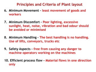 Principles and Criteria of Plant layout
6. Minimum Movement – least movement of goods and
workers
7. Minimum Discomfort – Poor lighting, excessive
sunlight, heat, noise, vibration and bad odour should
be avoided or minimised
8. Minimum Handling – The best handling is no handling.
Use of lifts, conveyors, trucks etc
9. Safety Aspects - free from causing any danger to
machine operators working on the machines
10. Efficient process flow - Material flows in one direction
only
 