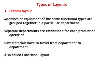 Types of Layouts
1. Process layout
Machines or equipment of the same functional types are
grouped together in a particular department
Separate departments are established for each production
operation
Raw materials have to travel from department to
department
Also called Functional layout
 