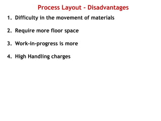 Process Layout - Disadvantages
1. Difficulty in the movement of materials
2. Require more floor space
3. Work-in-progress is more
4. High Handling charges
 