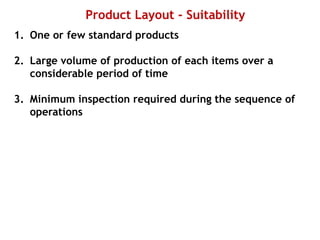 Product Layout - Suitability
1. One or few standard products
2. Large volume of production of each items over a
considerable period of time
3. Minimum inspection required during the sequence of
operations
 