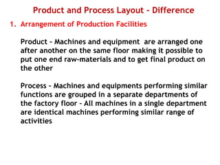 Product and Process Layout - Difference
1. Arrangement of Production Facilities
Product – Machines and equipment are arranged one
after another on the same floor making it possible to
put one end raw-materials and to get final product on
the other
Process – Machines and equipments performing similar
functions are grouped in a separate departments of
the factory floor – All machines in a single department
are identical machines performing similar range of
activities
 