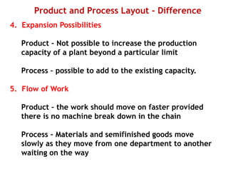 Product and Process Layout - Difference
4. Expansion Possibilities
Product – Not possible to increase the production
capacity of a plant beyond a particular limit
Process – possible to add to the existing capacity.
5. Flow of Work
Product – the work should move on faster provided
there is no machine break down in the chain
Process – Materials and semifinished goods move
slowly as they move from one department to another
waiting on the way
 